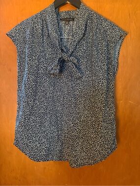 Banana Republic Navy and White Dot Tie-Neck Blouse